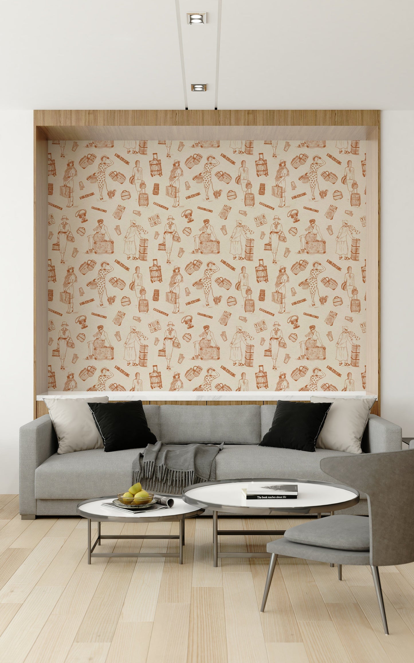 Vintage map-inspired wallpaper with illustrated stories from global journeys.