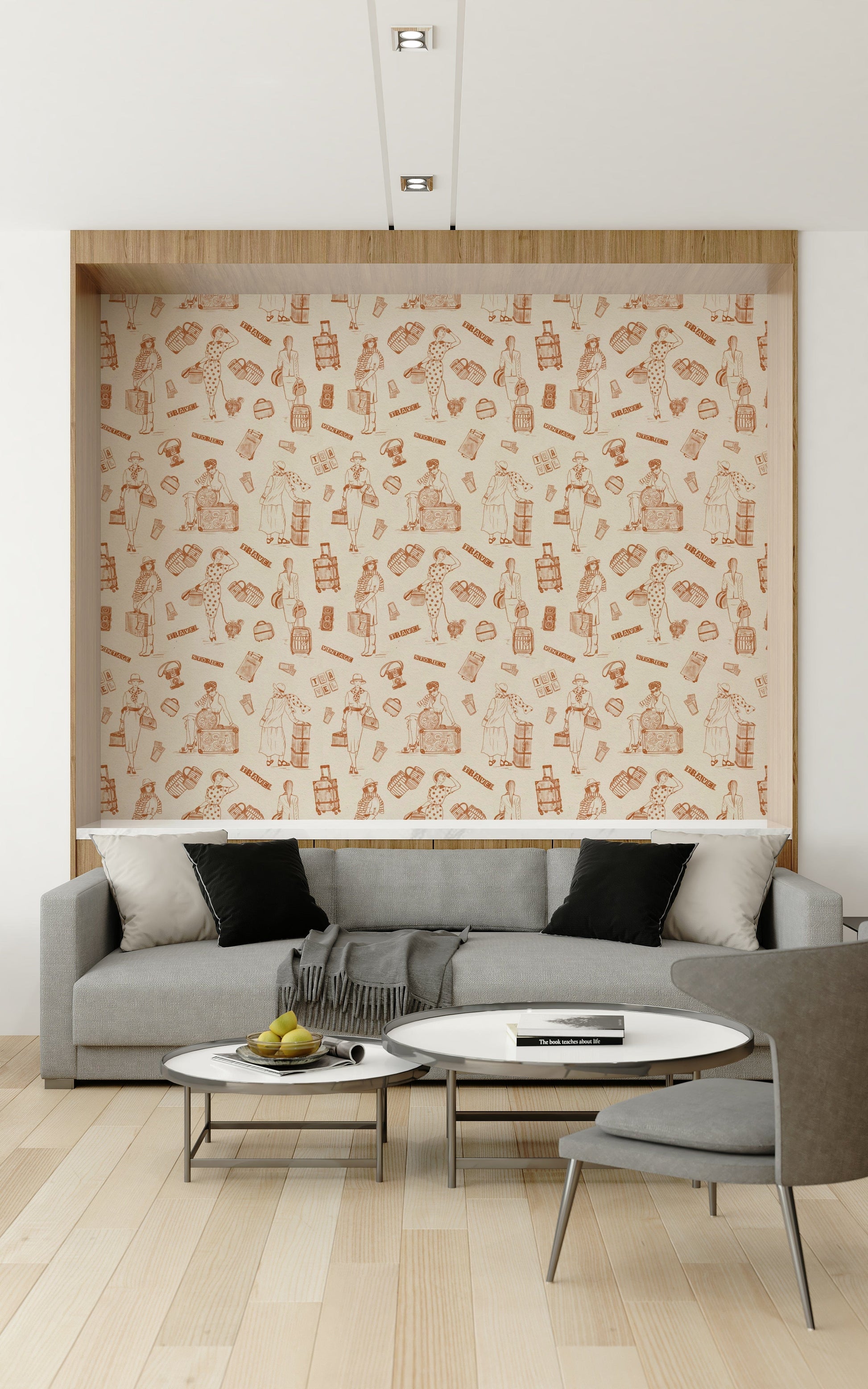 Vintage map-inspired wallpaper with illustrated stories from global journeys.