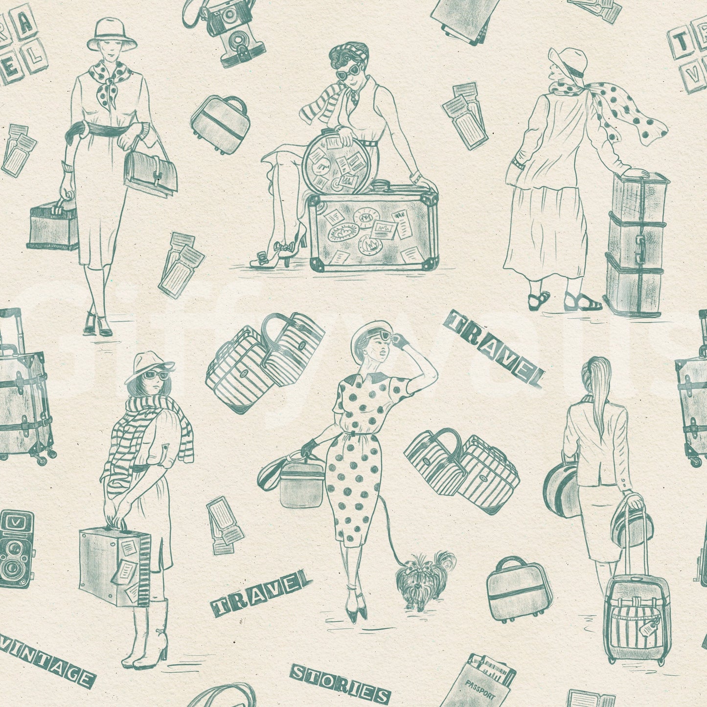 Retro travelogue-themed wallpaper with storytelling-style illustrations.