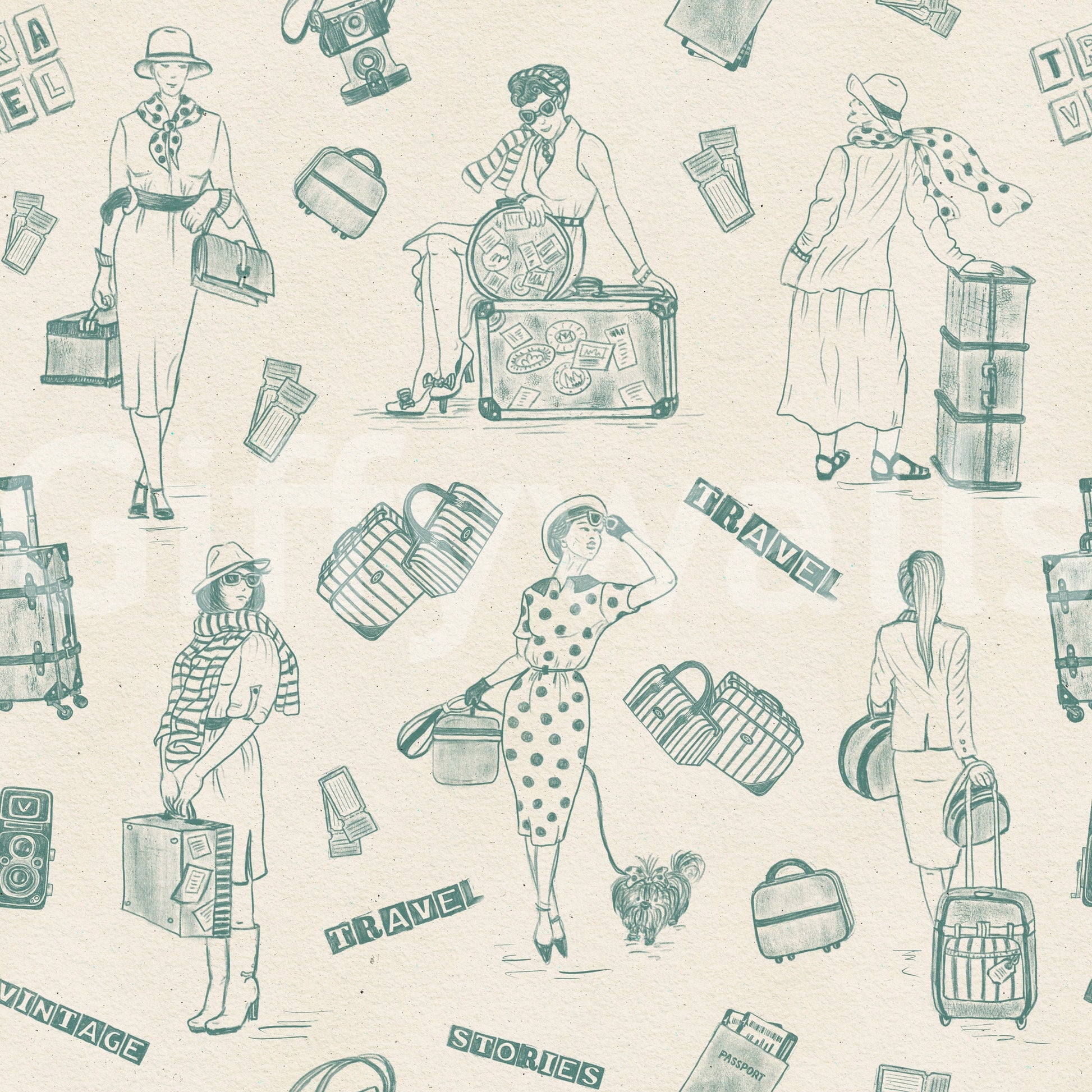 Retro travelogue-themed wallpaper with storytelling-style illustrations.