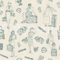Retro travelogue-themed wallpaper with storytelling-style illustrations.