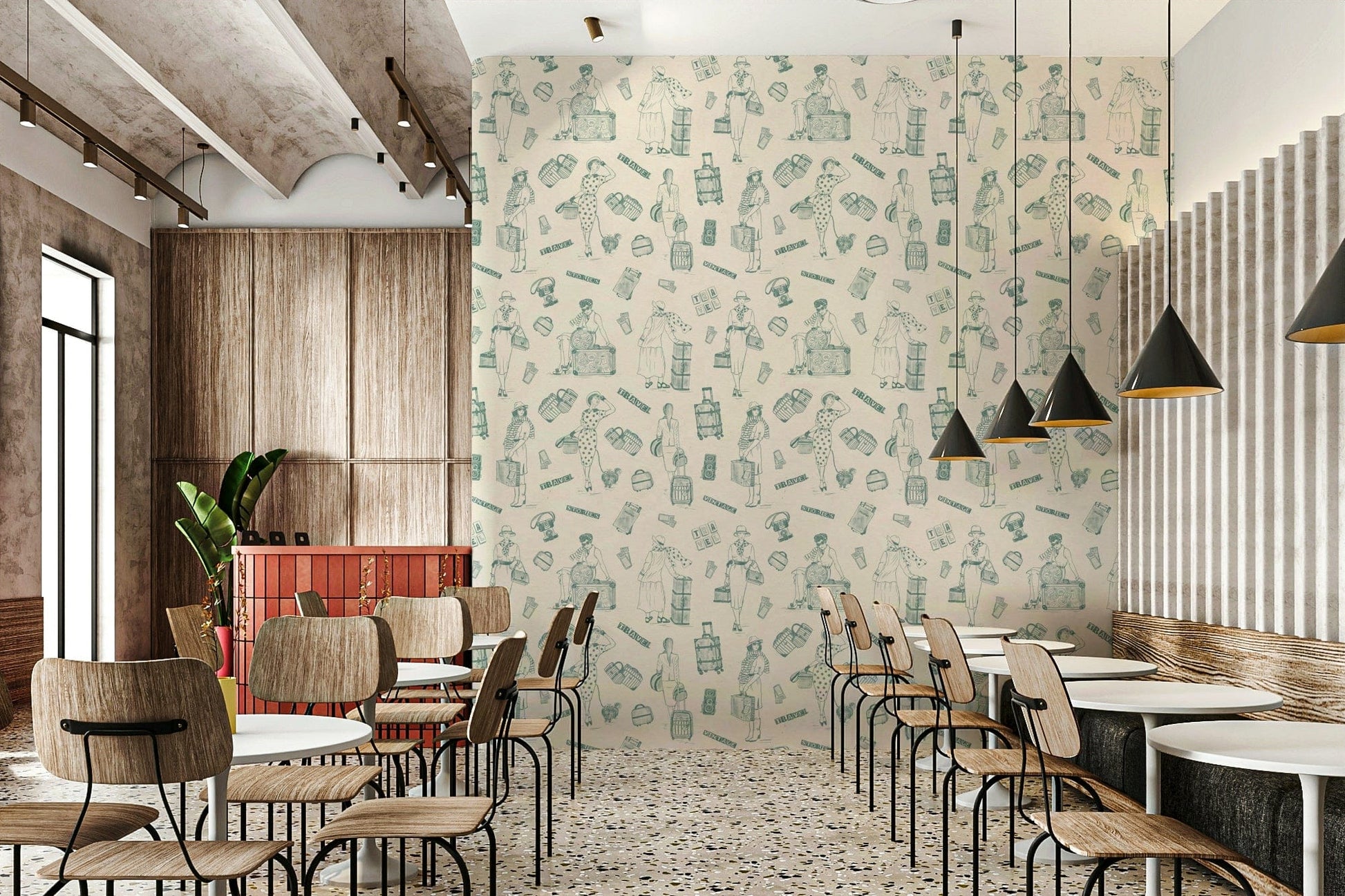 Retro-style travel sketch wallpaper mural with old-world illustrations.