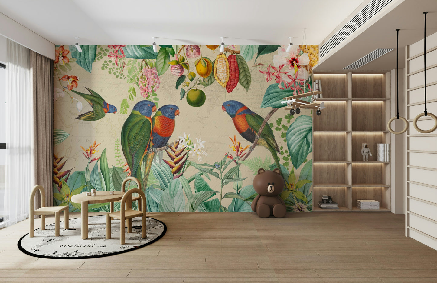 Exotic floral and wildlife mural in vintage tropical design

