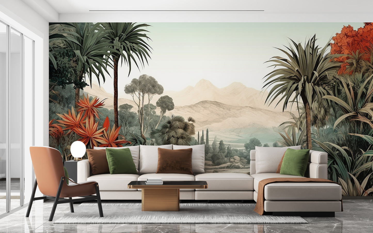 Verdant Valley Vintage Tropical Flora mural of palms and a mountain valley behind a cream sofa in a living room