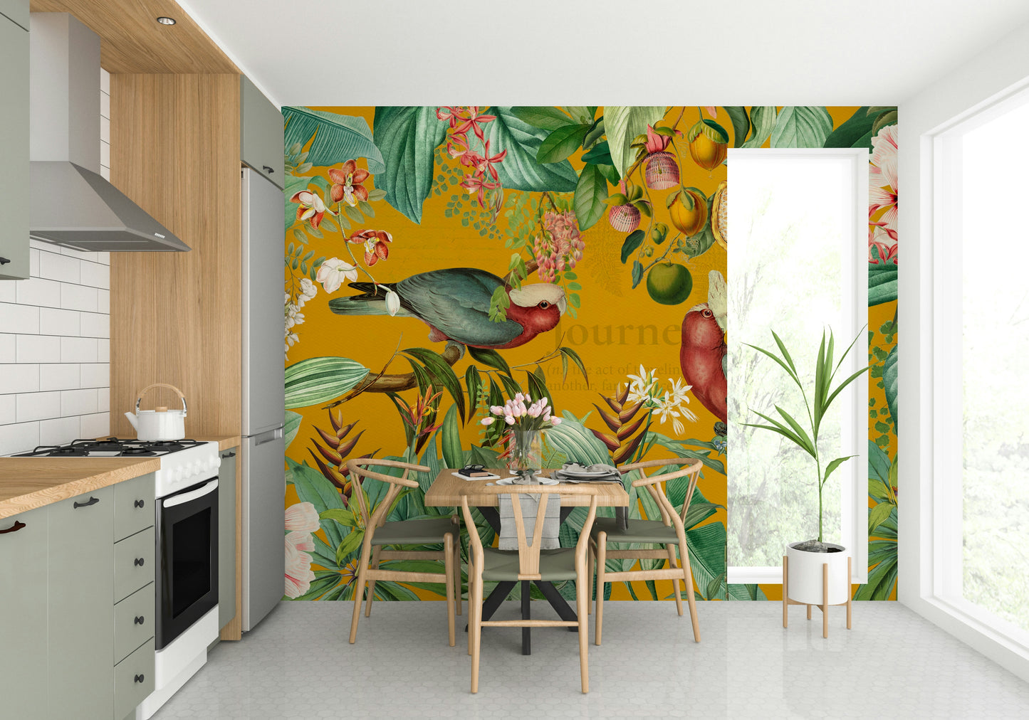 Exotic vintage wall mural featuring tropical plants and flowers


