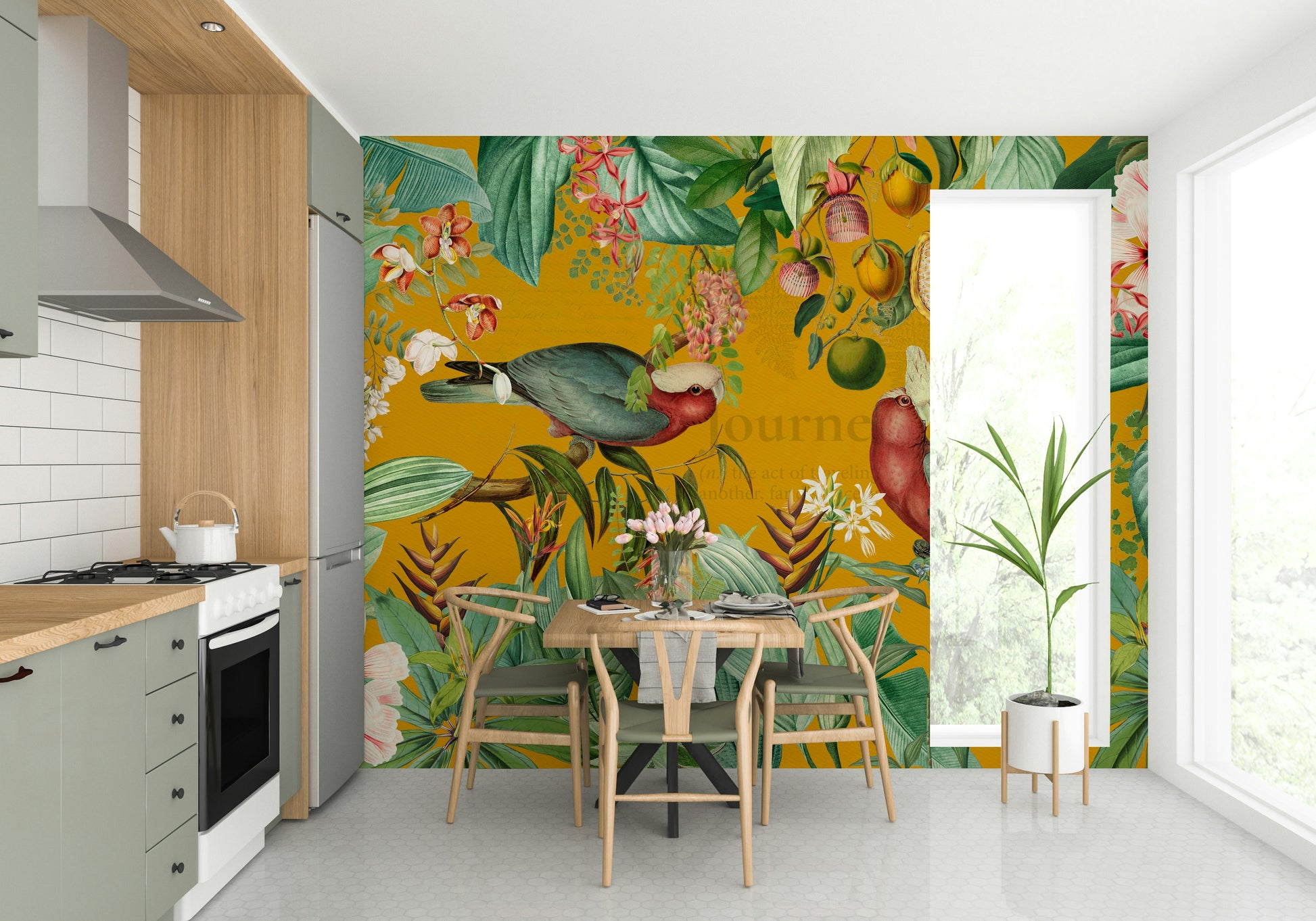 Exotic vintage wall mural featuring tropical plants and flowers

