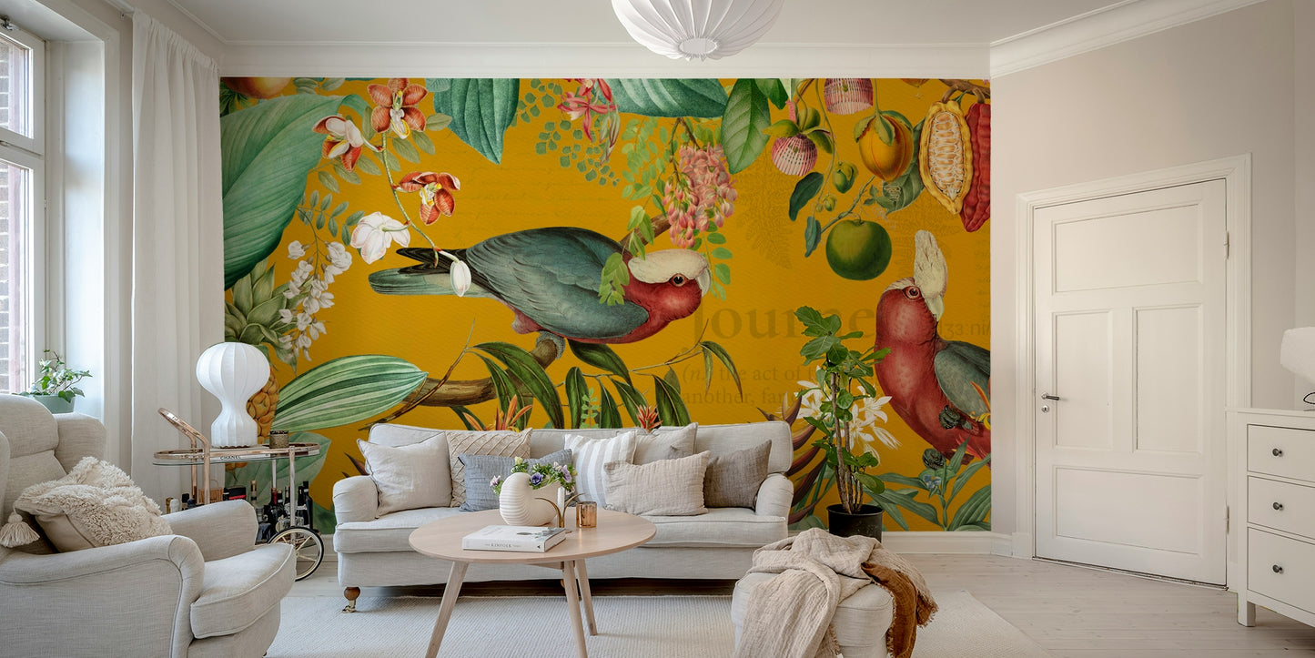 Nature-filled mural with vintage tropical flowers and greenery

