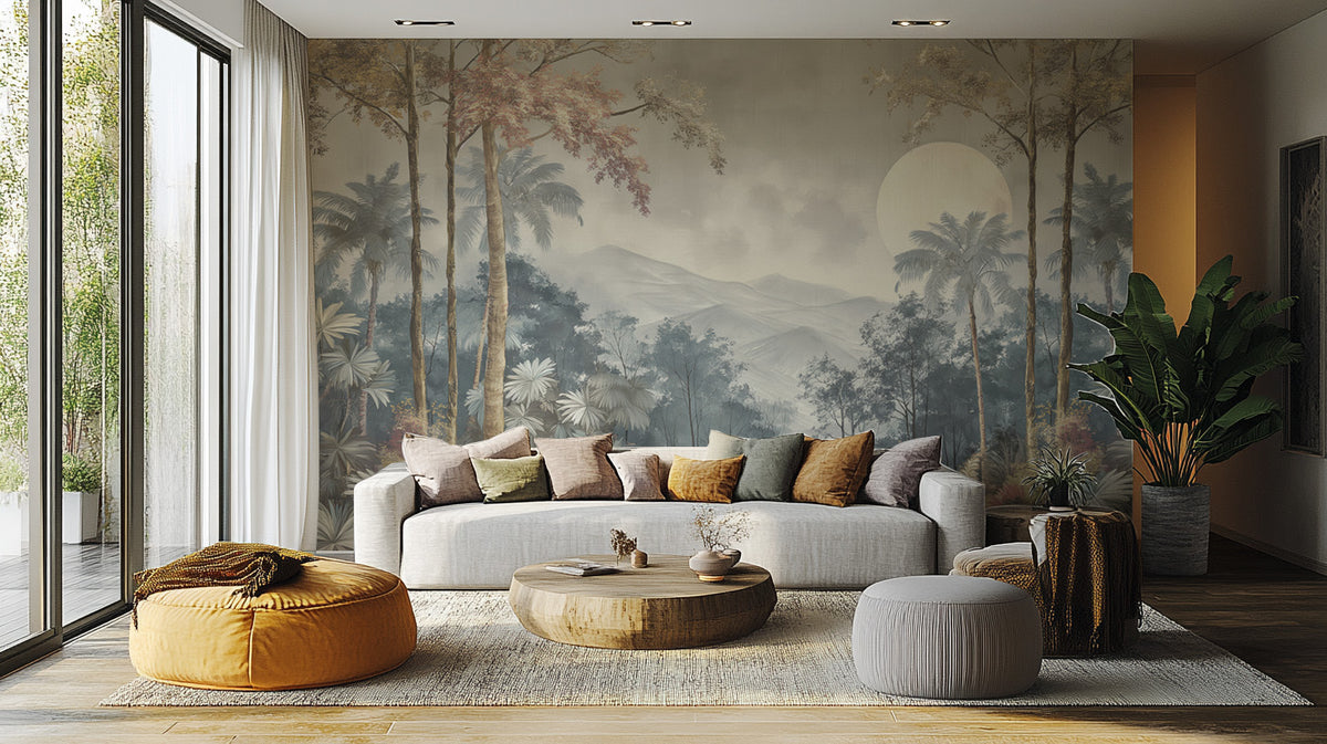 Vintage Tropical Jungle Landscape wallpaper mural behind a cream curved sofa with mustard poufs in a sunlit living room