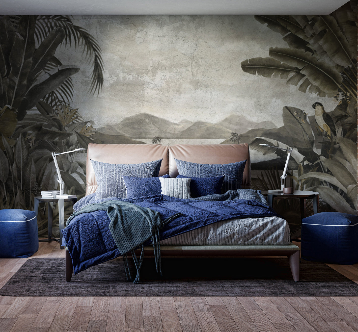 Exotic rainforest wall mural with banana leaves.
