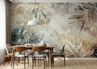 A calming foliage design wallpaper mural that defines a space.

