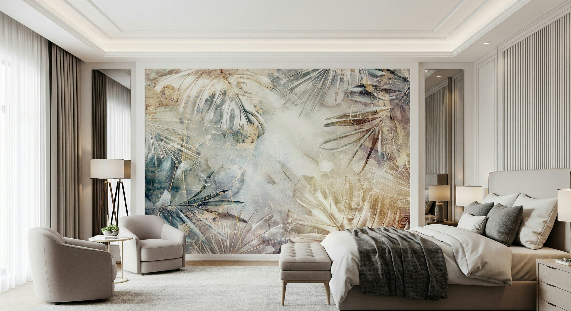 A beautiful modern art wall mural of delicate leaves.

