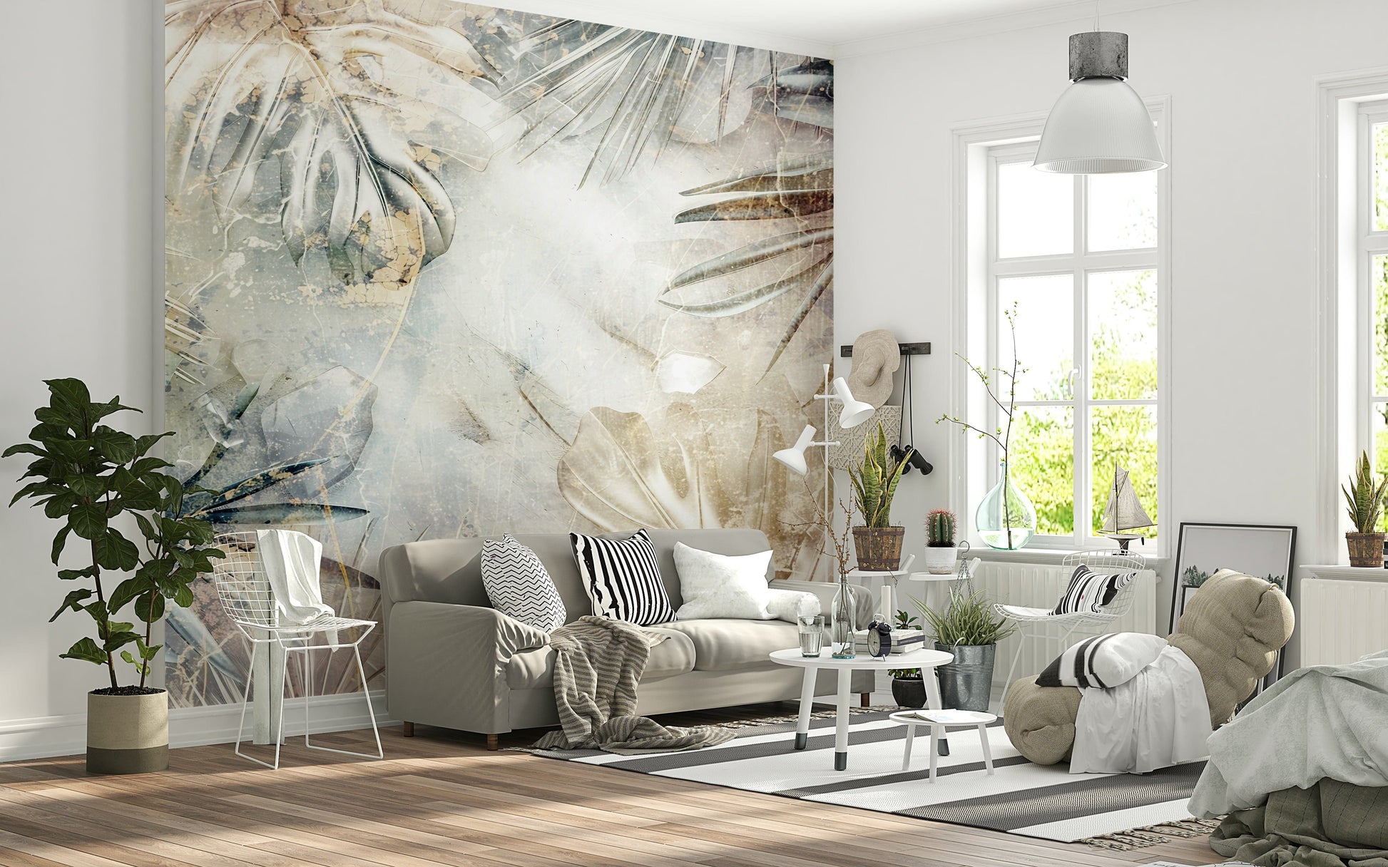 A peaceful botanical design mural on decorative wallpaper.

