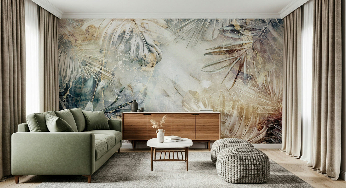 A graceful subtle leaf wall mural in soft, elegant tones.

