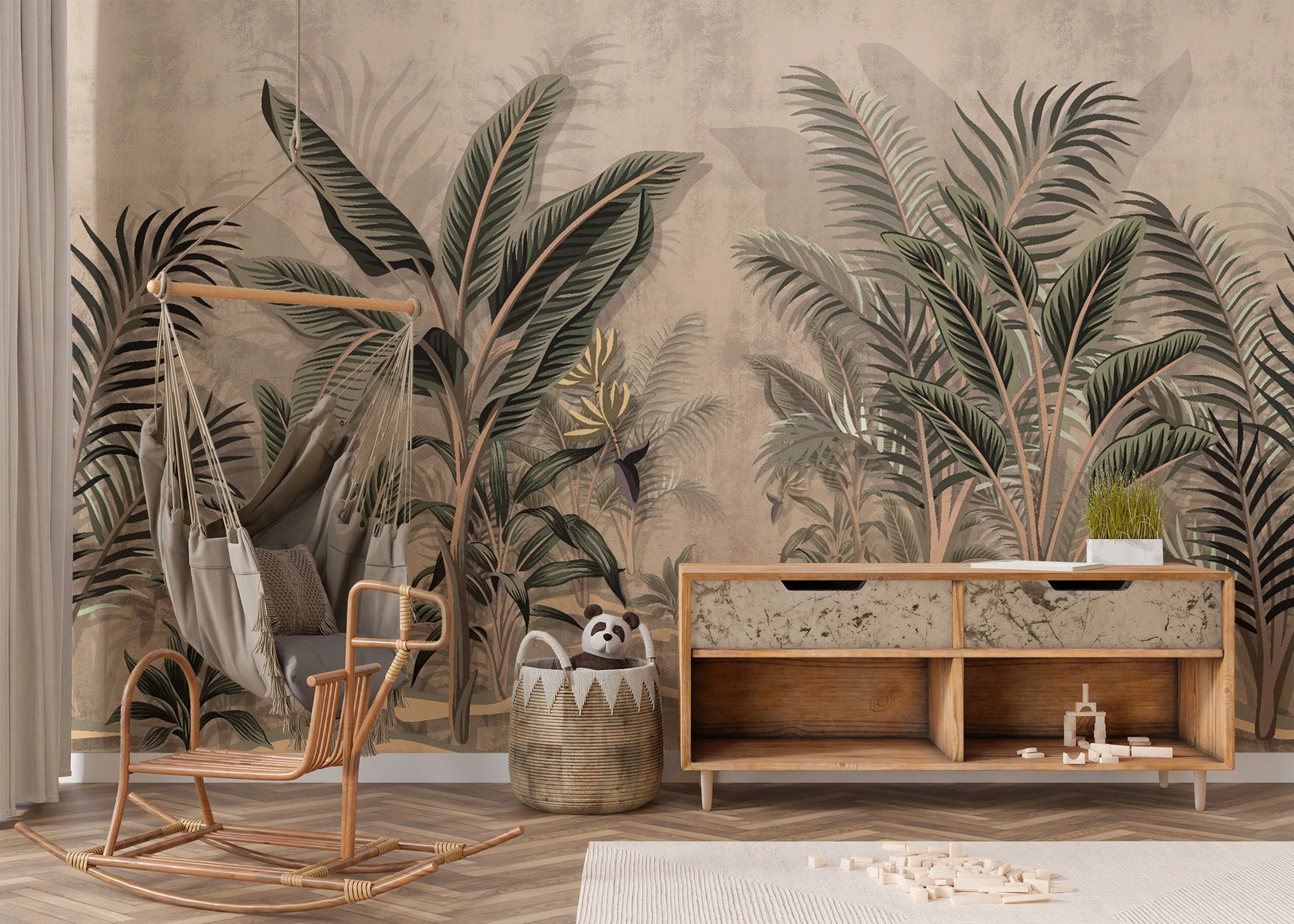 Timeless tropical palms mural with vintage charm for interiors.
