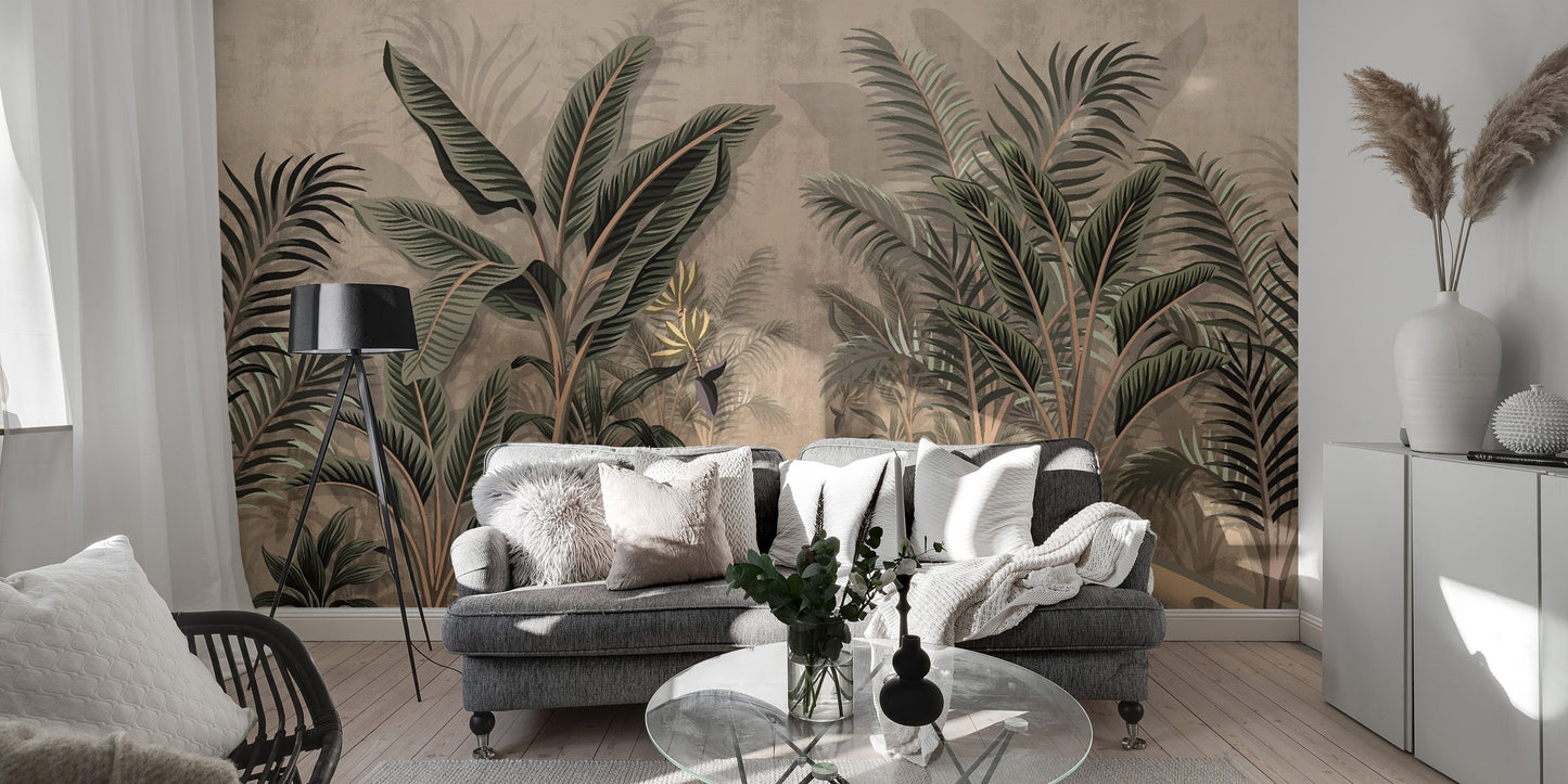 Vintage-inspired wallpaper featuring lush tropical palm designs.