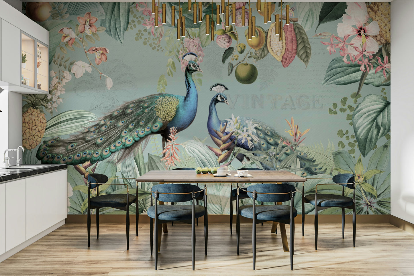 Tropical mural wallpaper featuring vibrant flowers and vintage style

