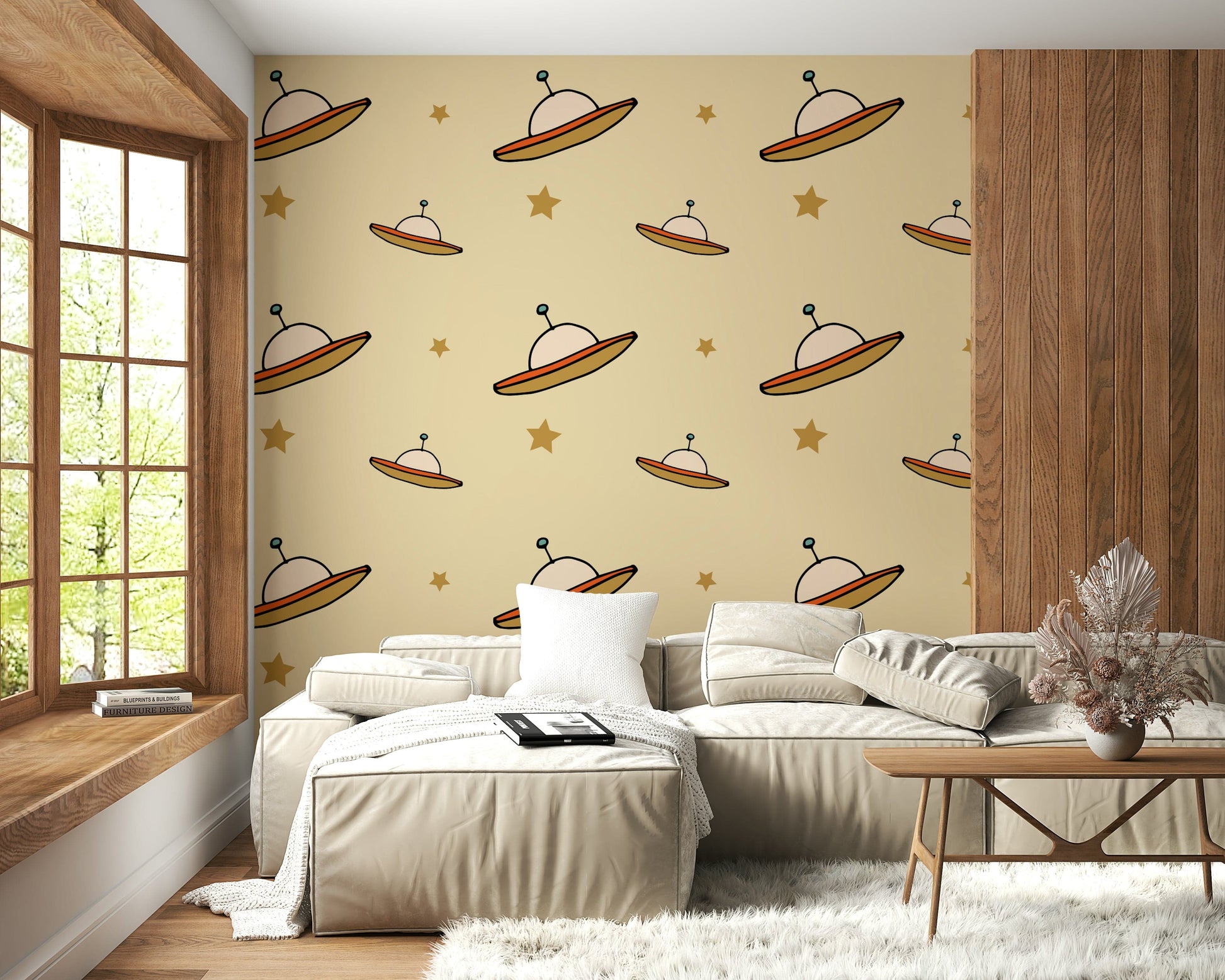 Hand-drawn sky craft, cosmic wall art, Vintage UFO Beige fun covering.