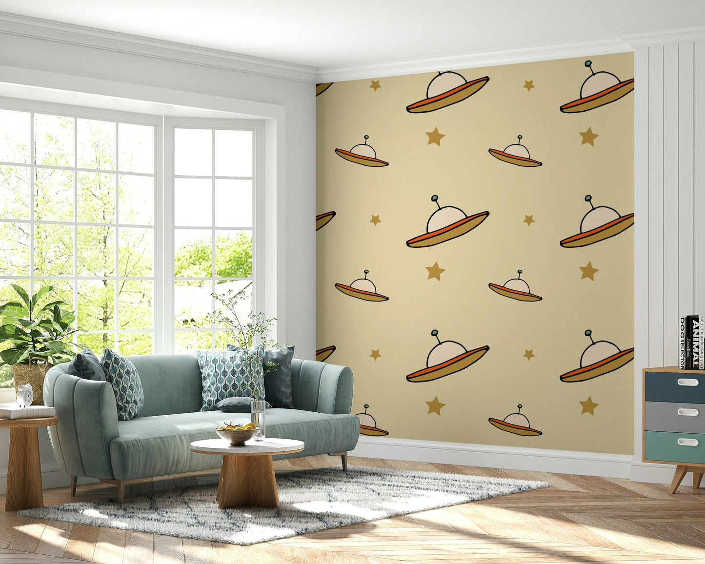 Mid-century, quirky Minimal Vintage UFO Beige seamless surface wrap.