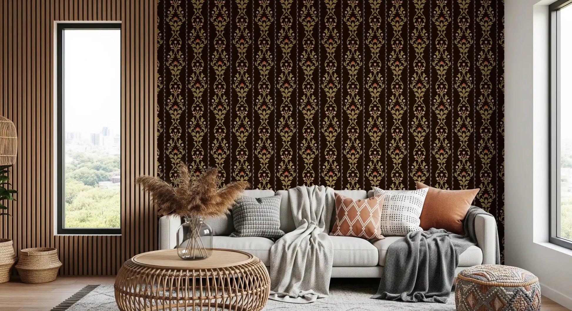 Classic vine wallpaper pattern in home office with muted green color scheme
