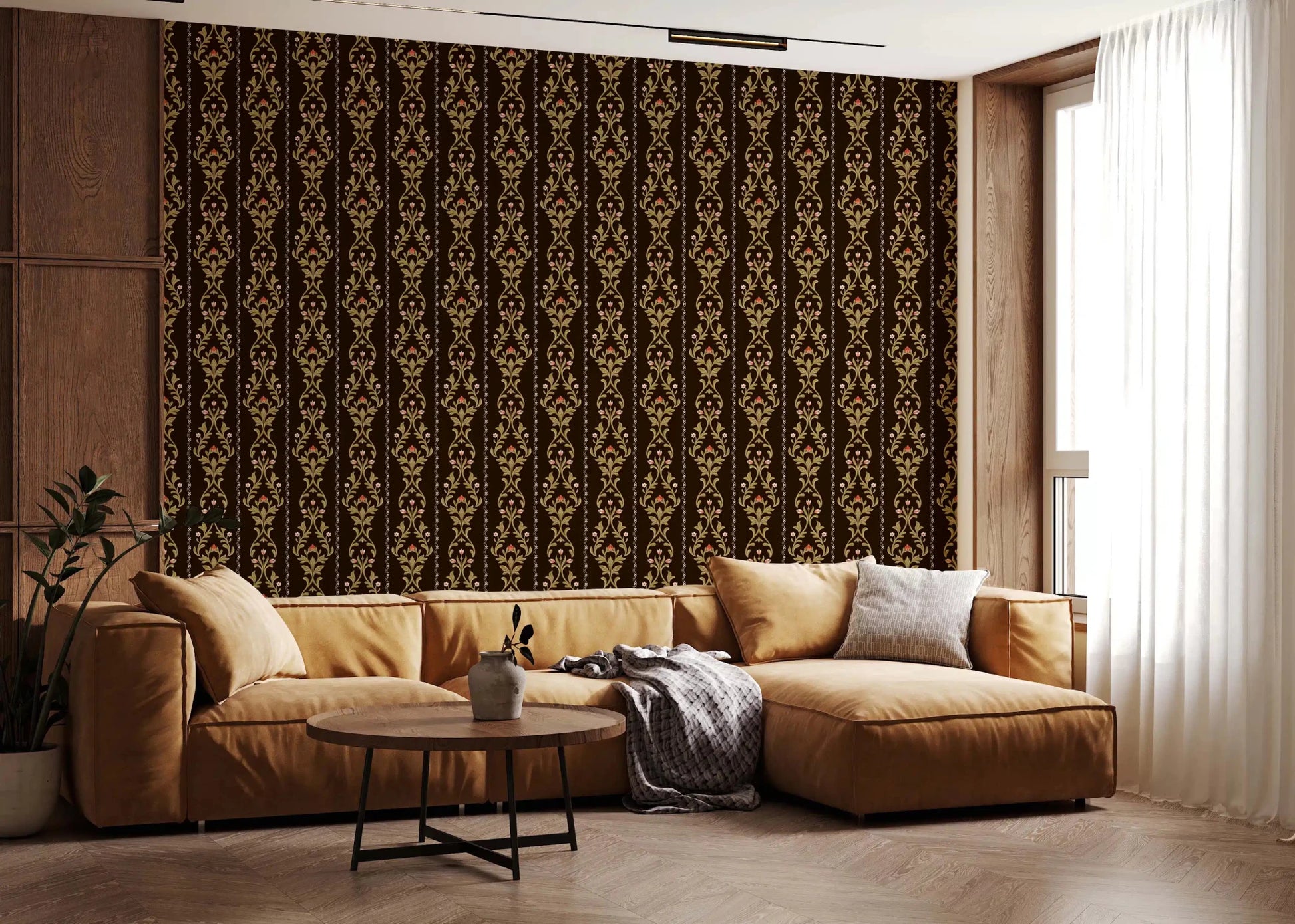Botanical vine wallpaper design in apartment hallway with natural color palette
