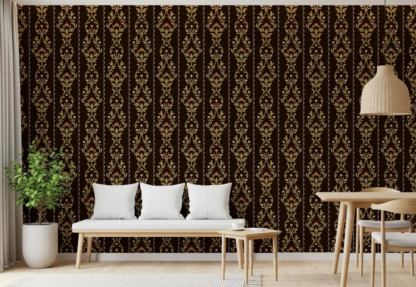 Decorative vine wallpaper for feature wall in contemporary dining room
