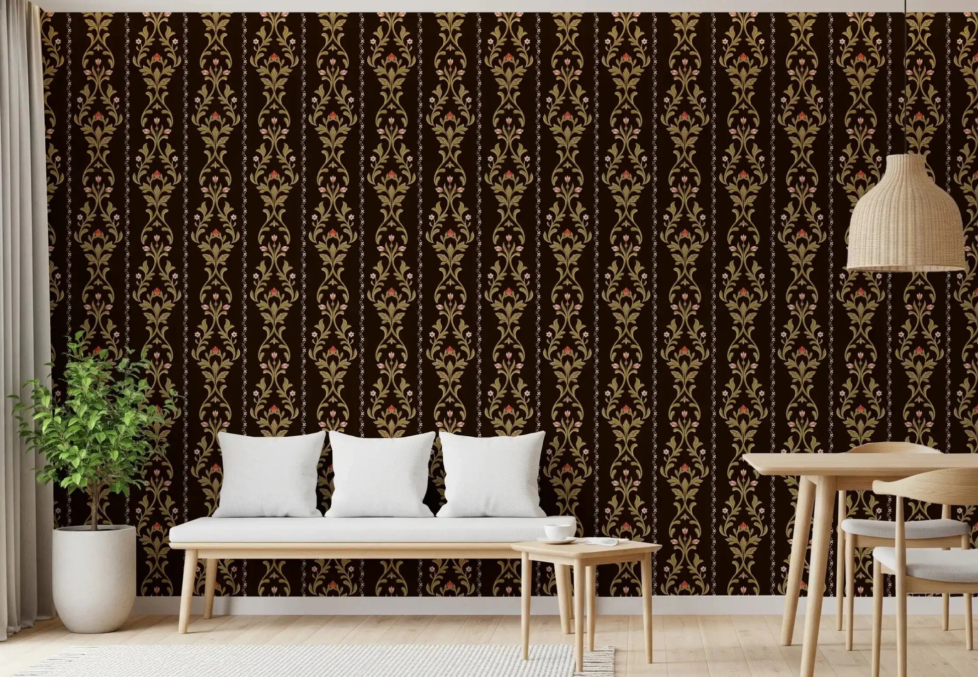 Decorative vine wallpaper for feature wall in contemporary dining room
