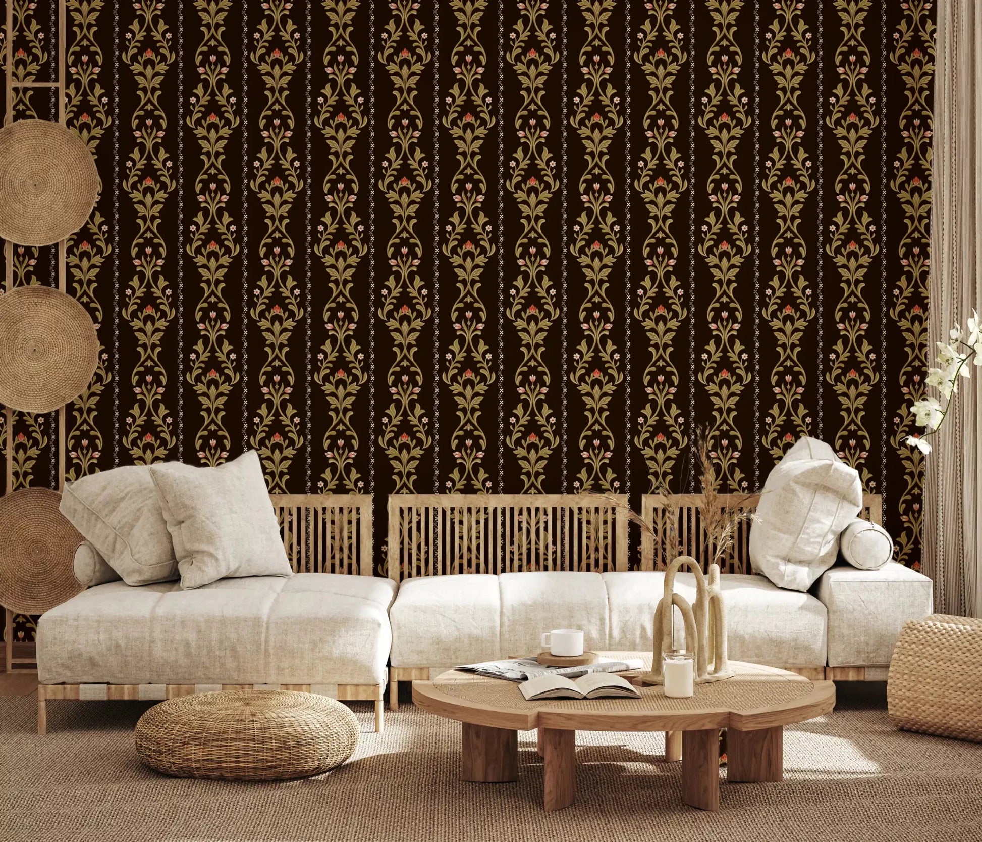Vintage Vine Wallpaper in reading nook with light brown and olive color tones