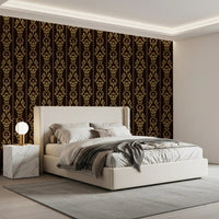 Elegant botanical vine wallpaper in bedroom with warm neutral color background