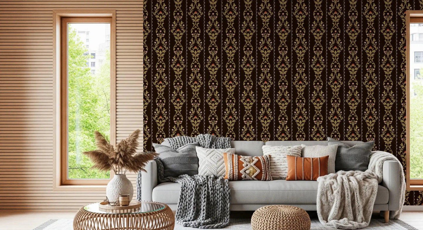 Traditional vine wallpaper mural in hallway with soft vintage color finish
