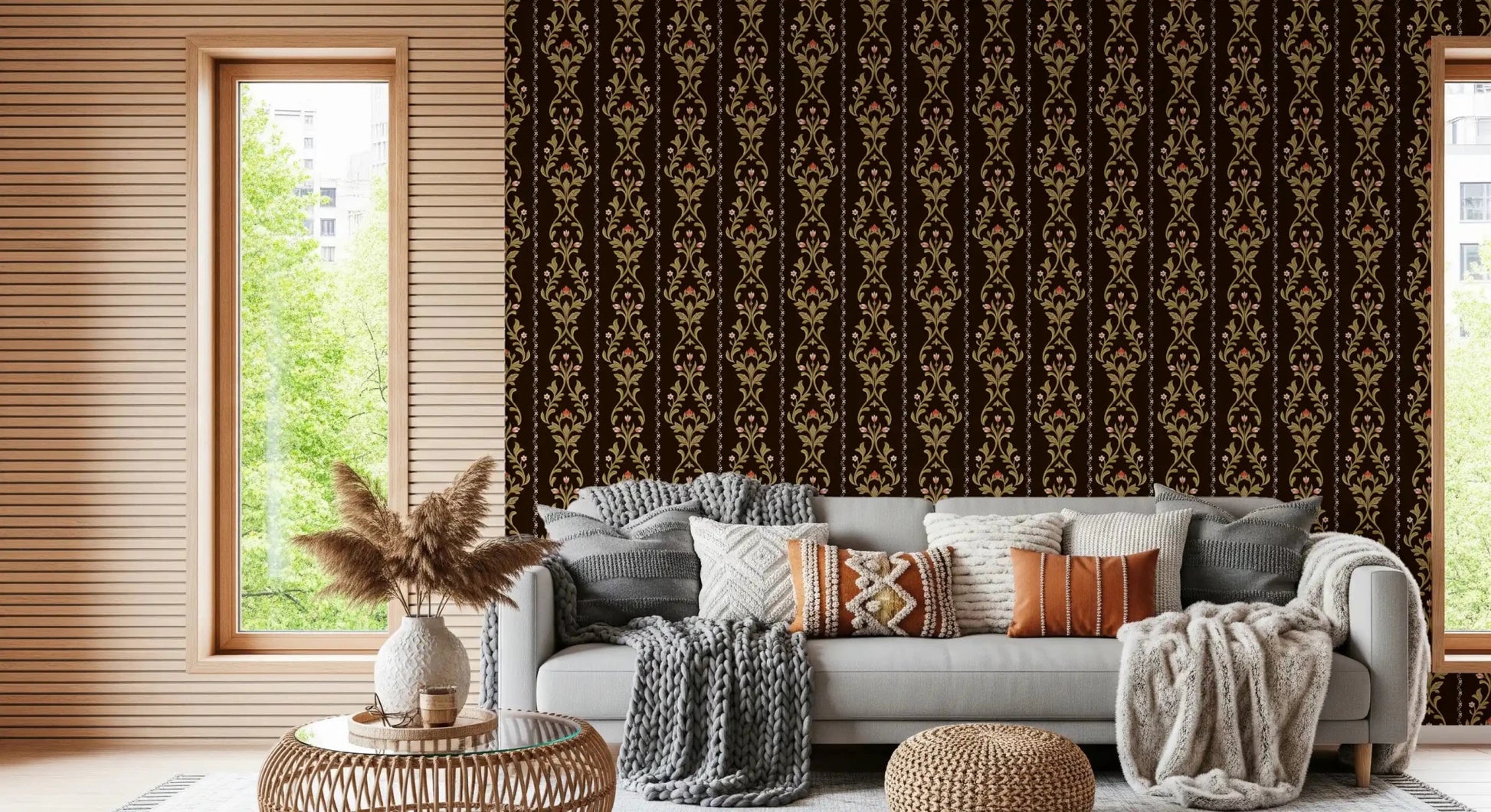 Traditional vine wallpaper mural in hallway with soft vintage color finish
