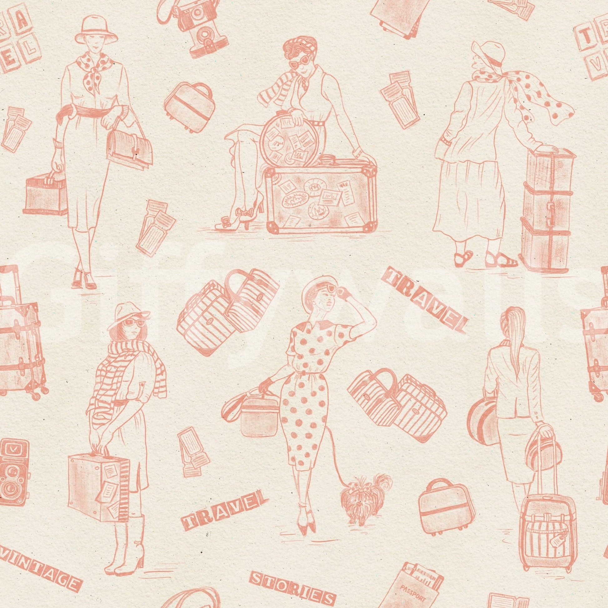 Patterned vintage voyage wallpaper featuring stylized travelers and travel gear.
