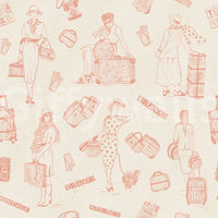 Patterned vintage voyage wallpaper featuring stylized travelers and travel gear.