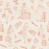 Patterned vintage voyage wallpaper featuring stylized travelers and travel gear.