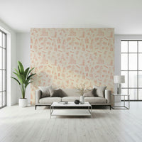 Travel-themed vintage wallpaper mural with sketch-style figures and classic luggage items.