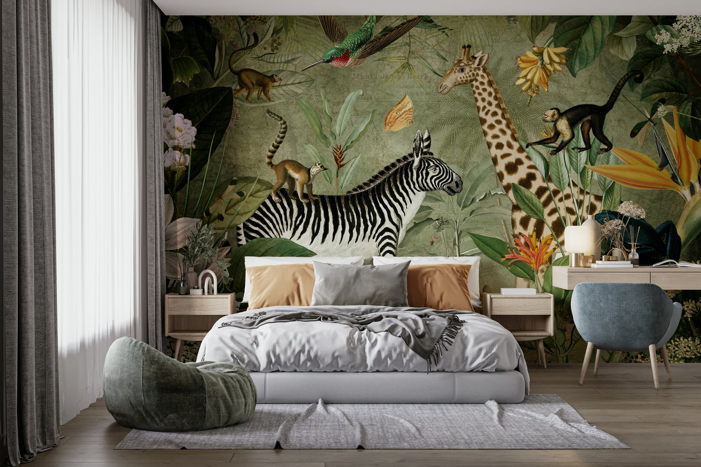 Timeless vintage jungle mural for a natural home feel.

