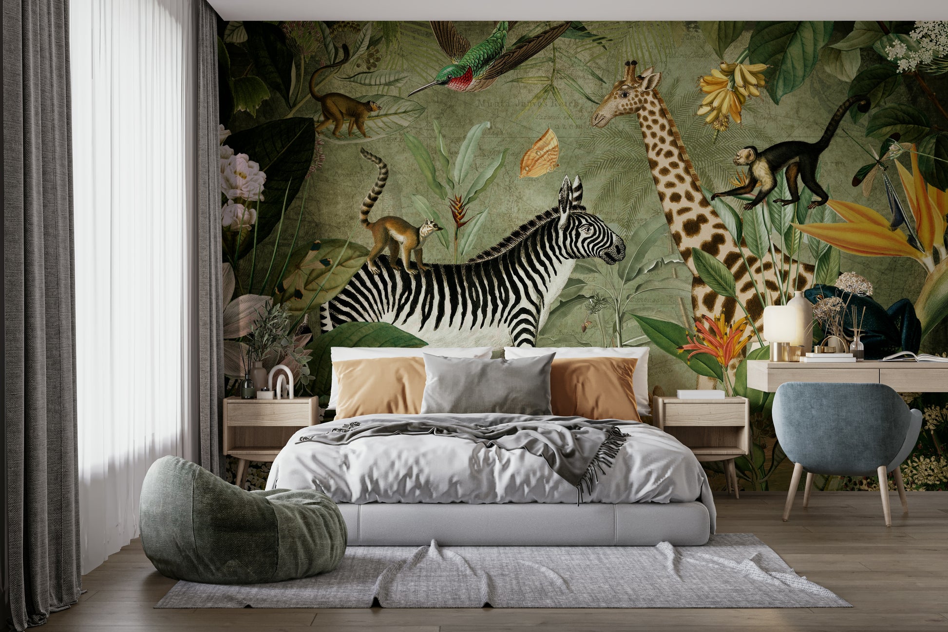 Timeless vintage jungle mural for a natural home feel.

