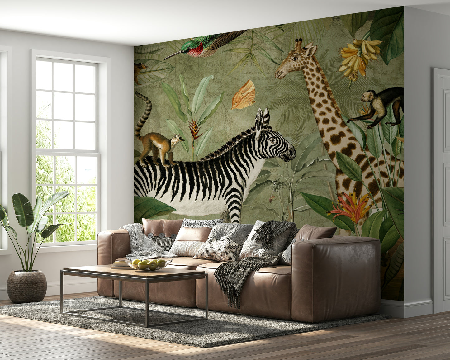 Exotic vintage jungle mural for living room walls.

