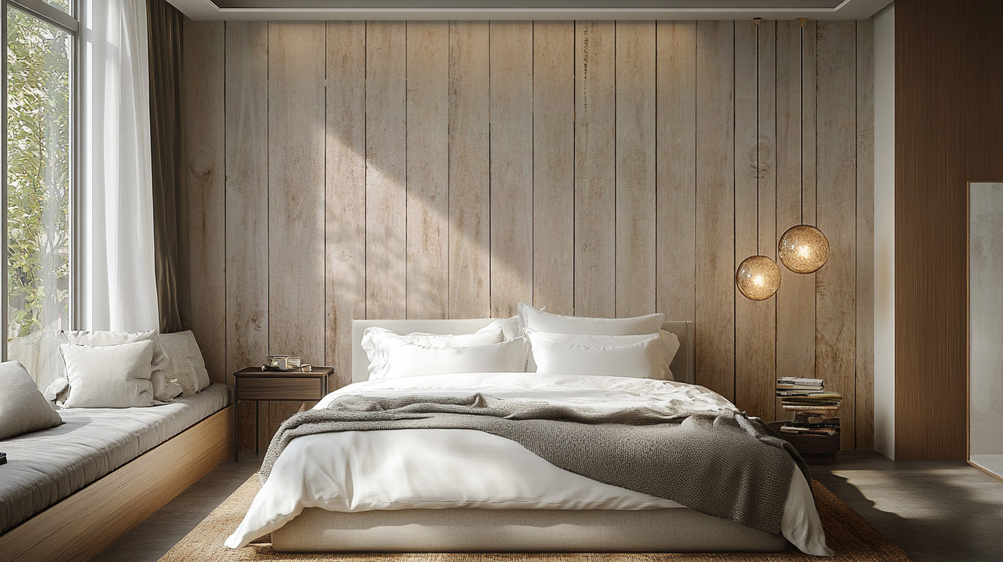 Beige Wood Panel wallpaper shown as a full feature wall that highlights the design