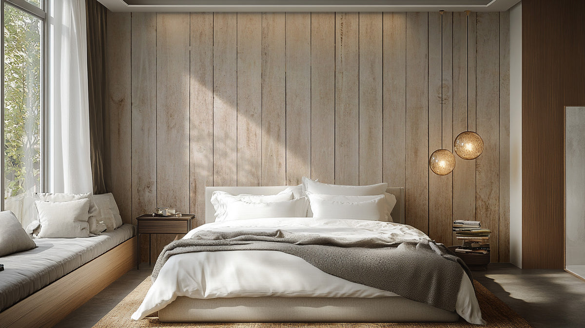 Beige Wood Panel wallpaper shown as a full feature wall that highlights the design