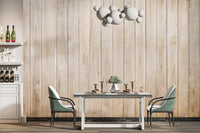 Beige Wood Panel wallpaper as a feature wall in a home office workspace in brown tones