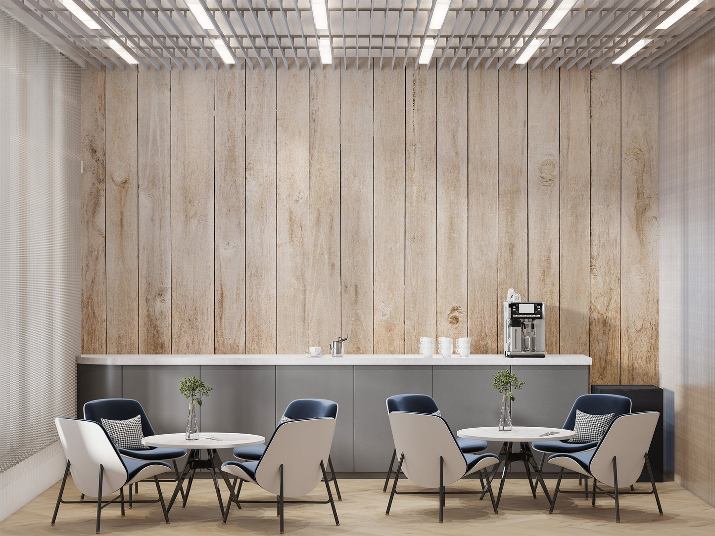 Beige Wood Panel wallpaper styled as a feature wall behind a dining table and chairs in brown tones