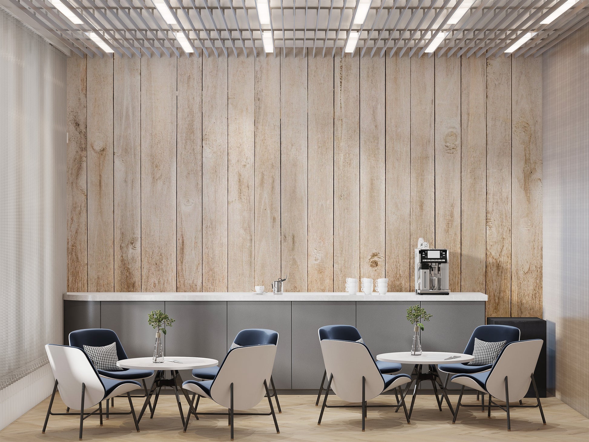 Beige Wood Panel wallpaper styled as a feature wall behind a dining table and chairs in brown tones