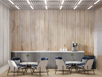Beige Wood Panel wallpaper styled as a feature wall behind a dining table and chairs in brown tones