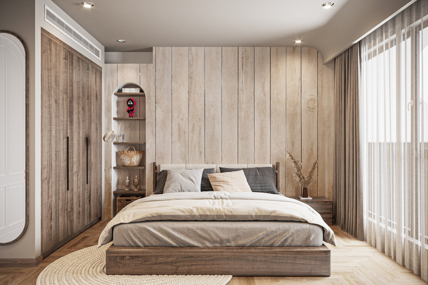 Beige Wood Panel wallpaper as a bedroom feature wall behind the headboard in brown tones