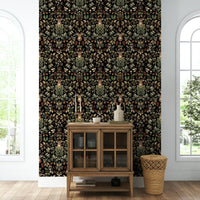 A wallpaper with a classic William Morris-style repeating pattern.
