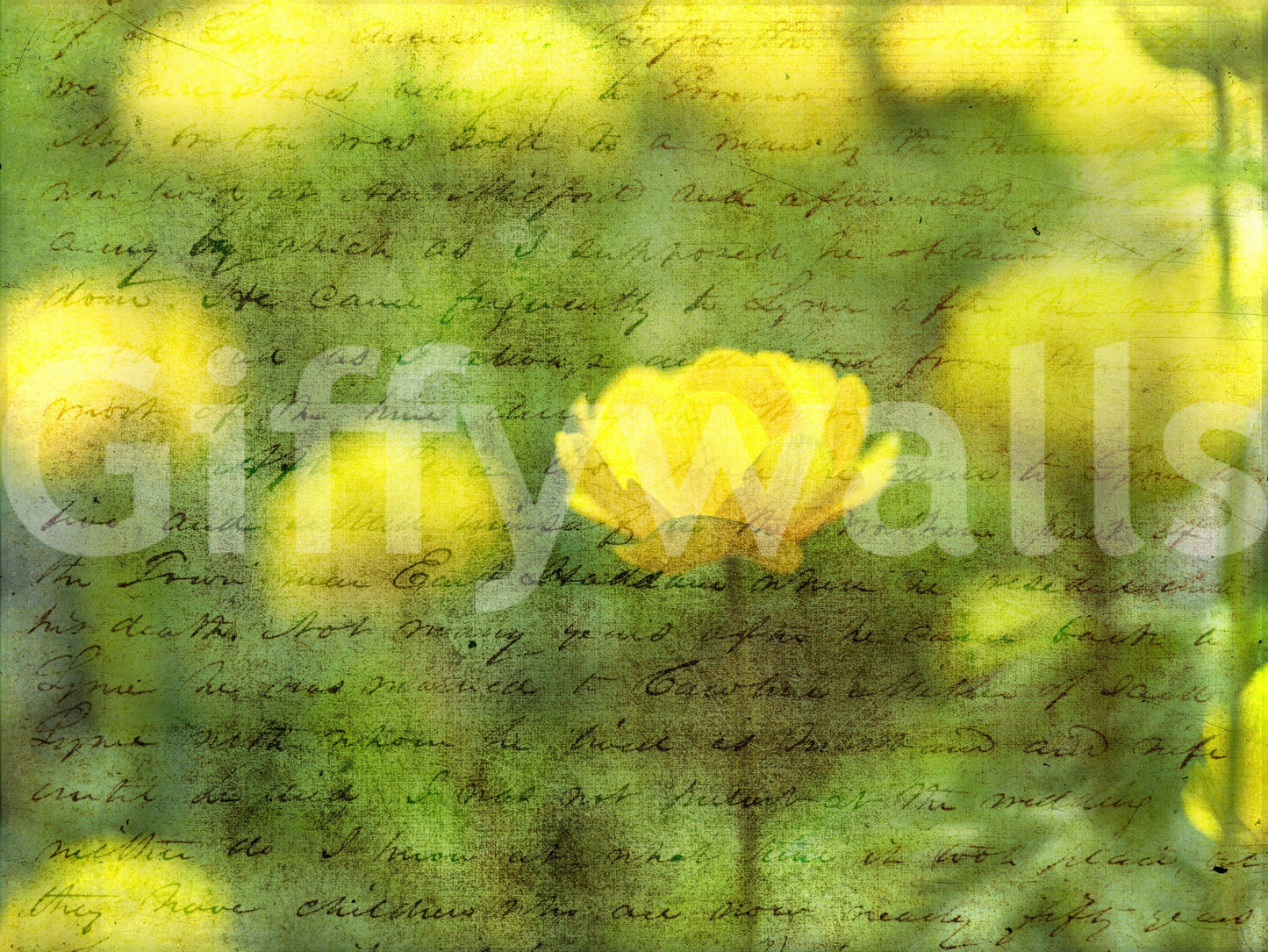 Yellow bloom Golden Bloom Script wall decoration, subtle green glow.