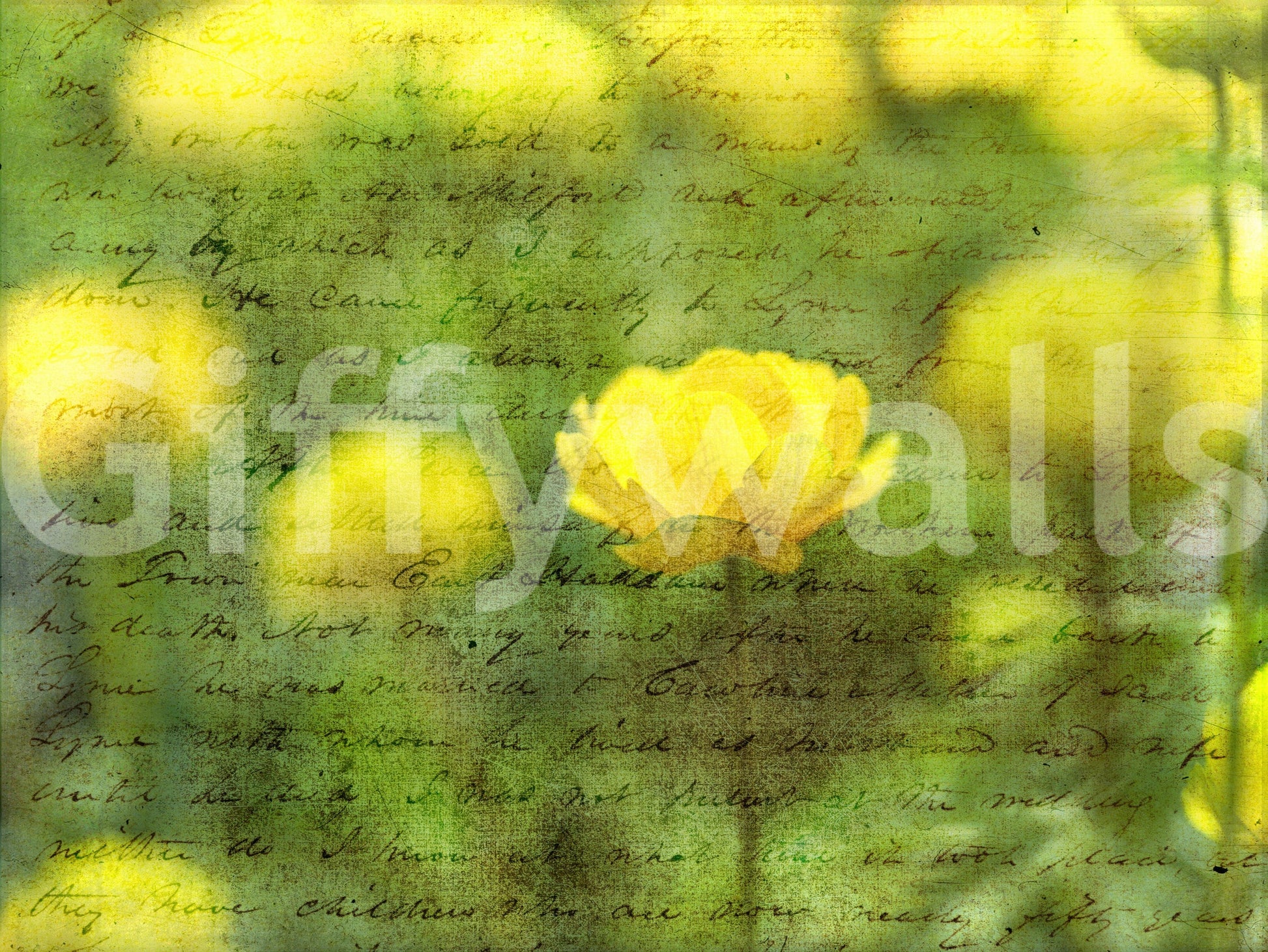 Yellow bloom Golden Bloom Script wall decoration, subtle green glow.