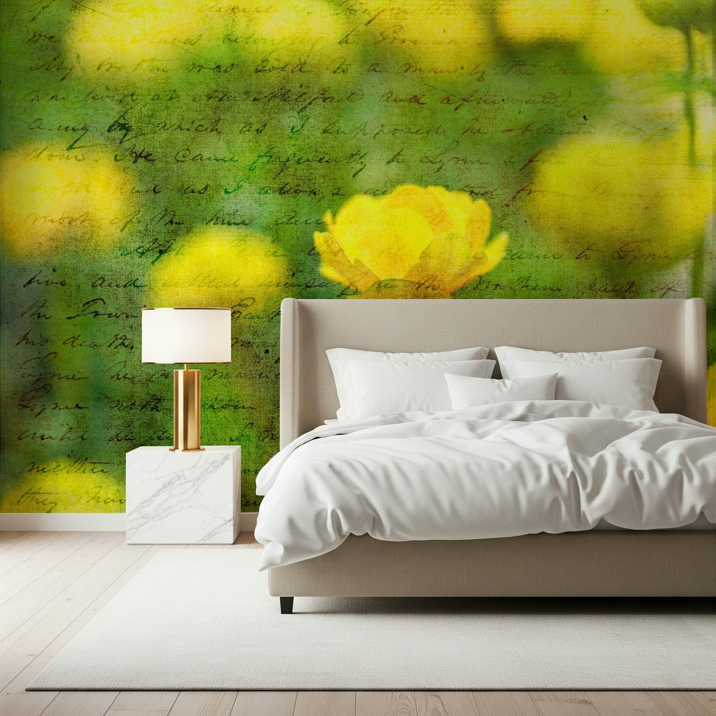 Sunlit Golden Bloom Script wall art, vintage manuscript effect.