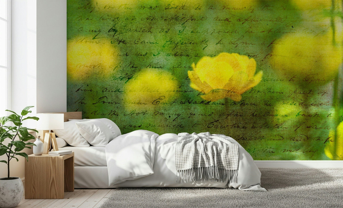 Elegant Golden Bloom Script wall mural, soft focus yellow flower.