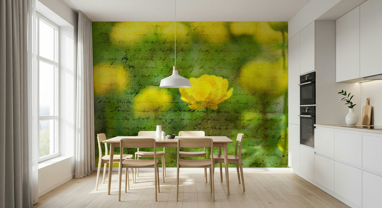 Golden Bloom Script wallpaper for walls, vintage floral art.